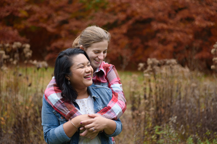 Arnold Arboretum Same-Sex Engagement Session with Fall Foliage & Bookstore