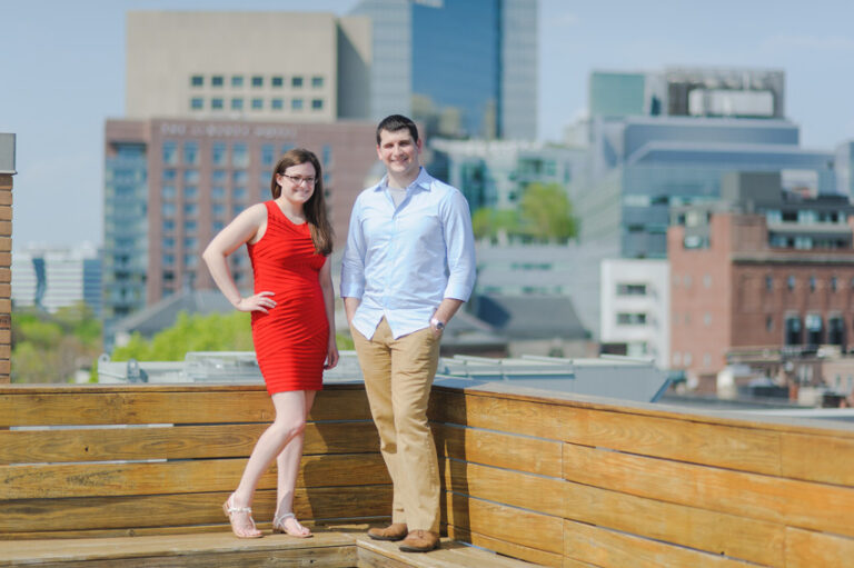 Beacon Hill Boston skyline engagement photo