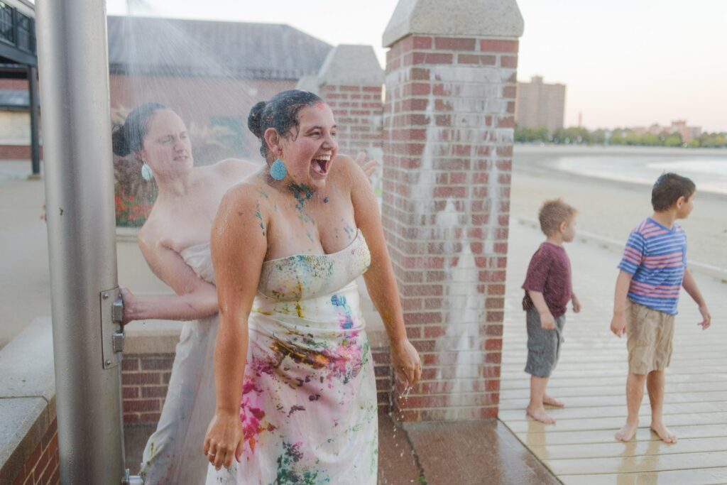 lesbian couple wedding dress paint