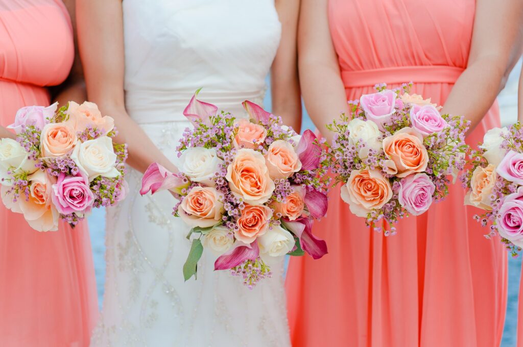 wedding bouquet pink bridesmaid dress