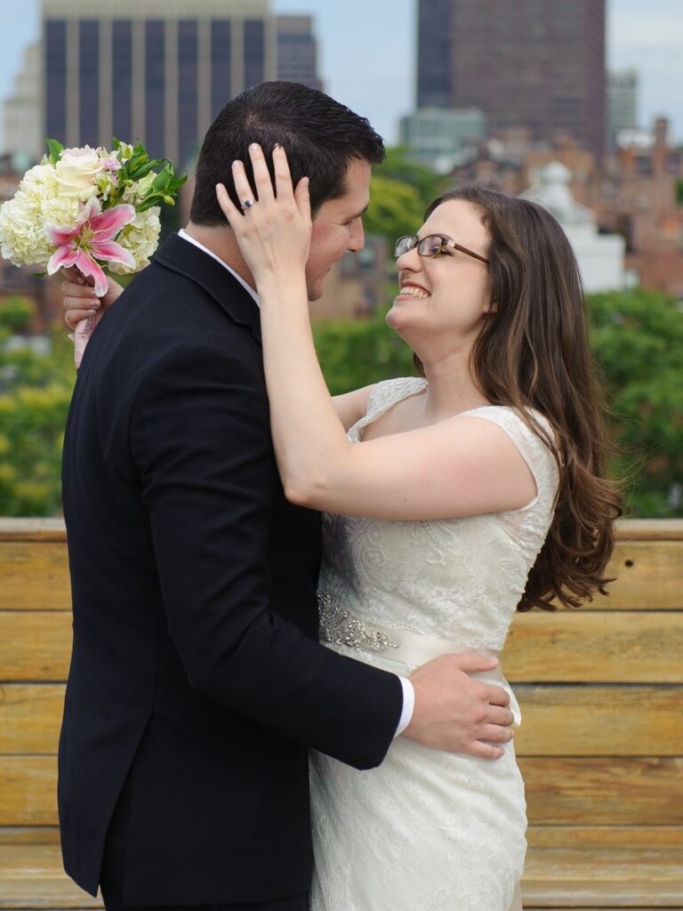 wedding on rooftop Boston skyline