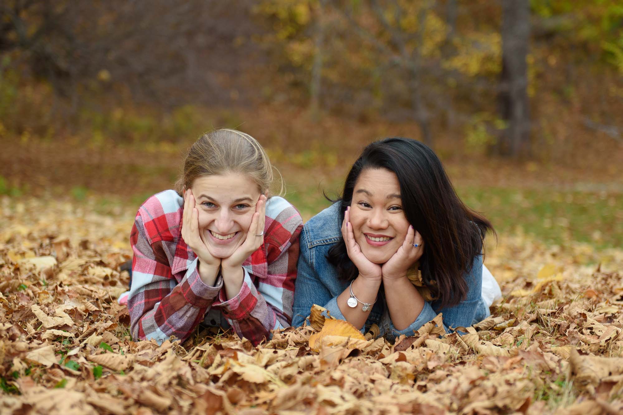 Arnold Aboretum LGBTQ Engagement Session Lesbian Couple Fall Foliage Leaf Pile