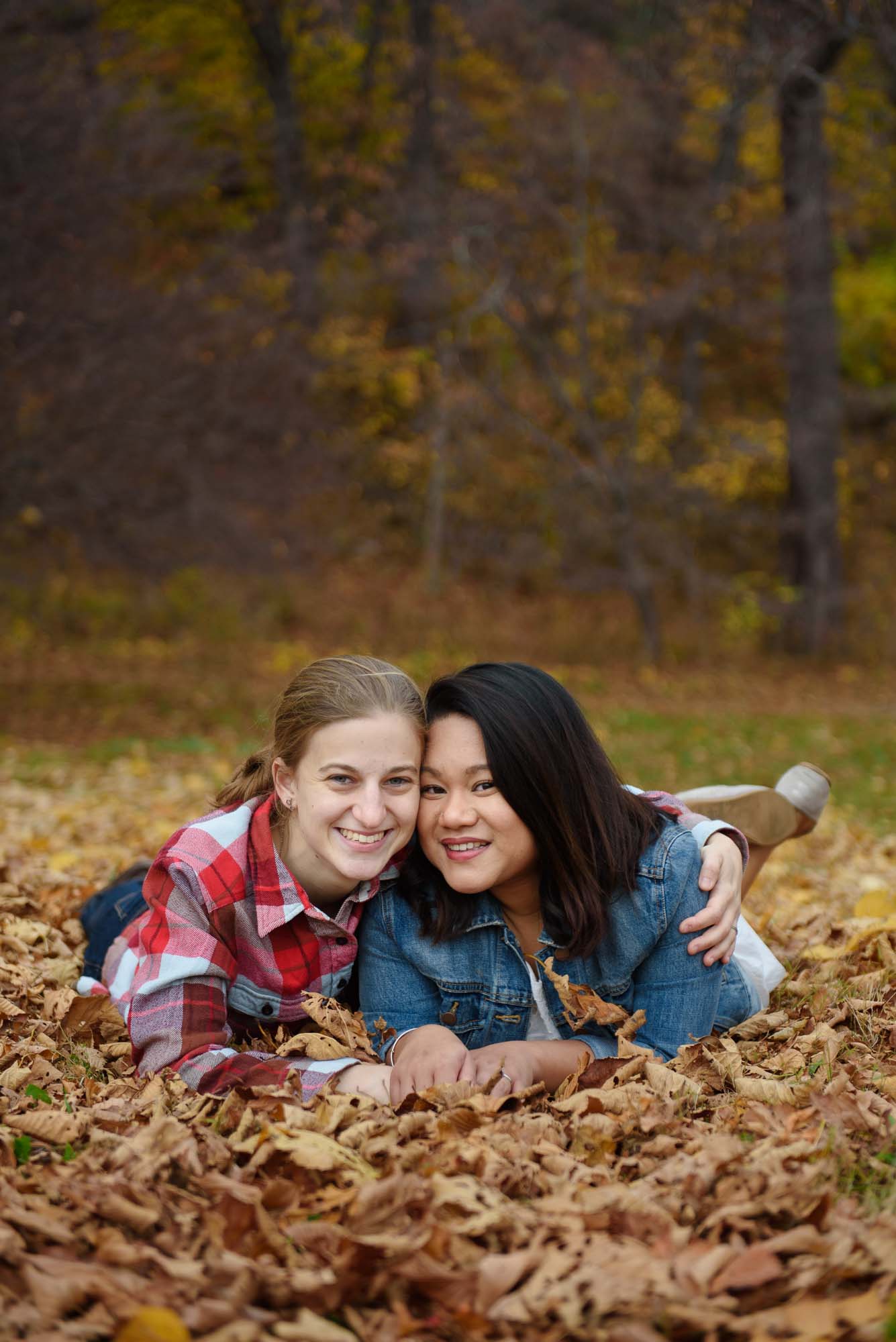 Arnold Aboretum LGBTQ Engagement Session Lesbian Couple Leaf Pile