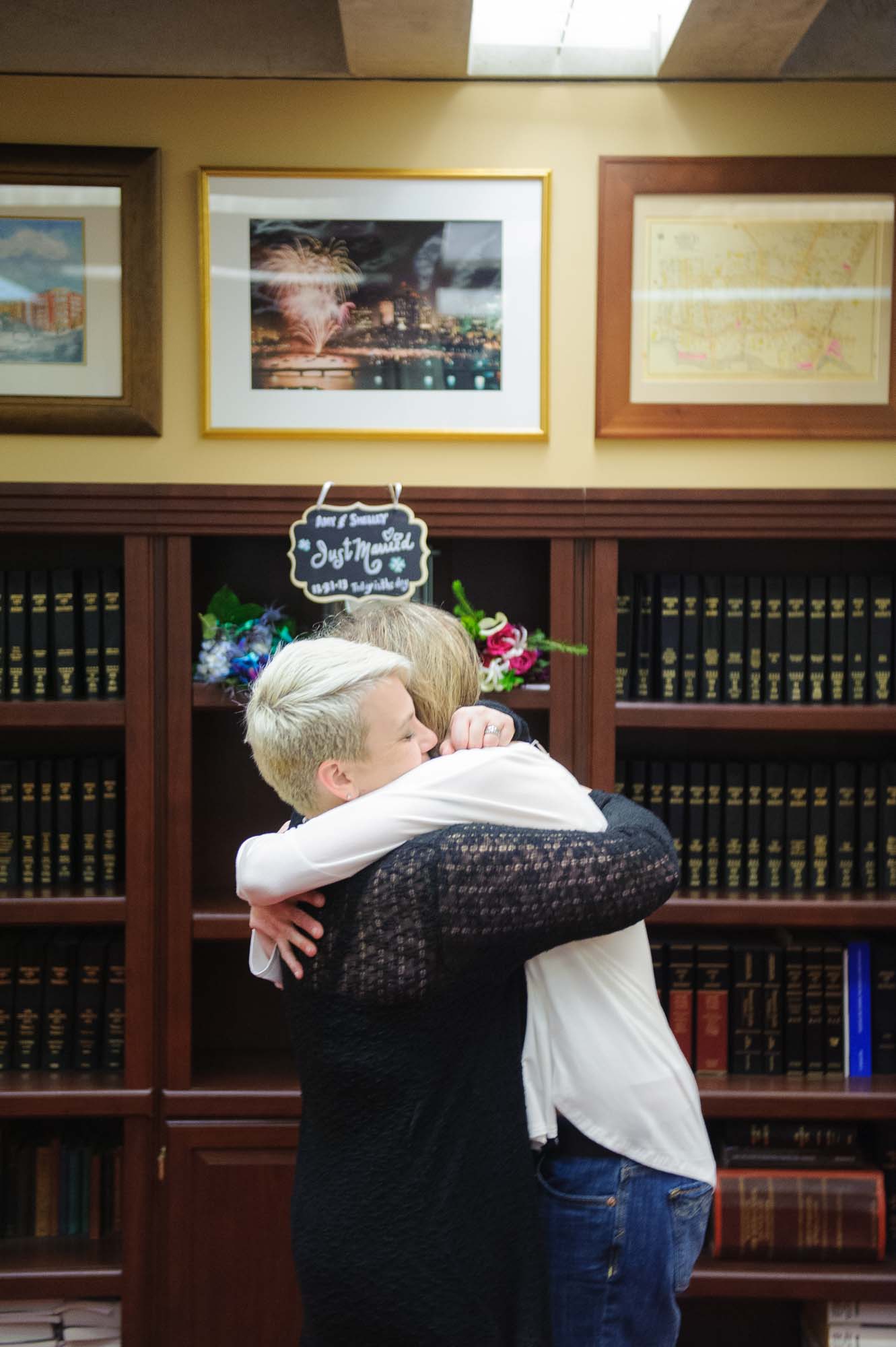 Boston City Hall Lesbian Wedding Hug Shelly Amy
