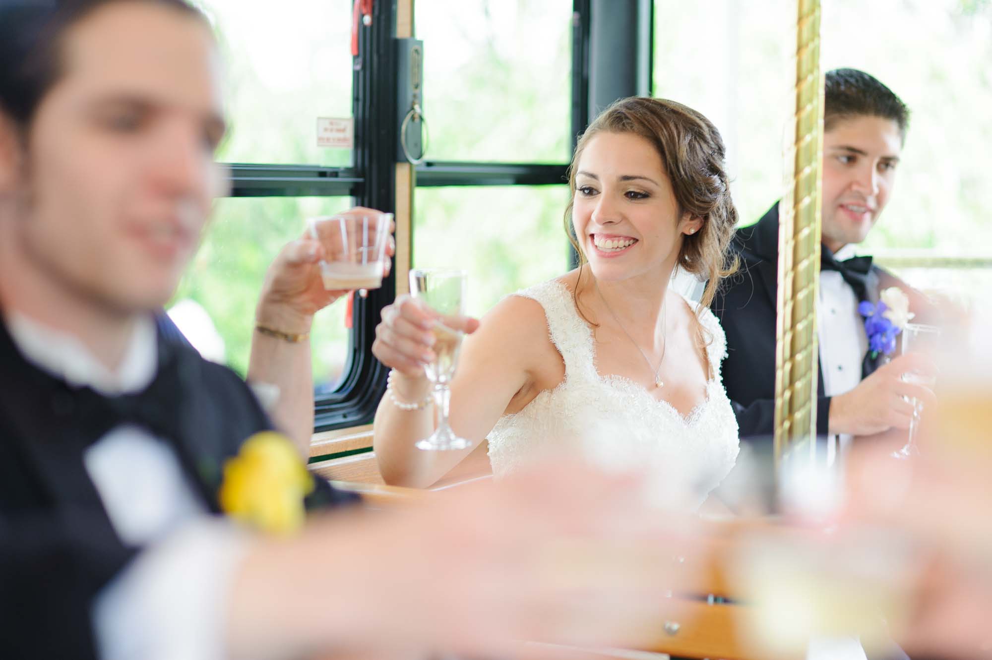 Bride Groom On Just Married Wedding Bus Trolley