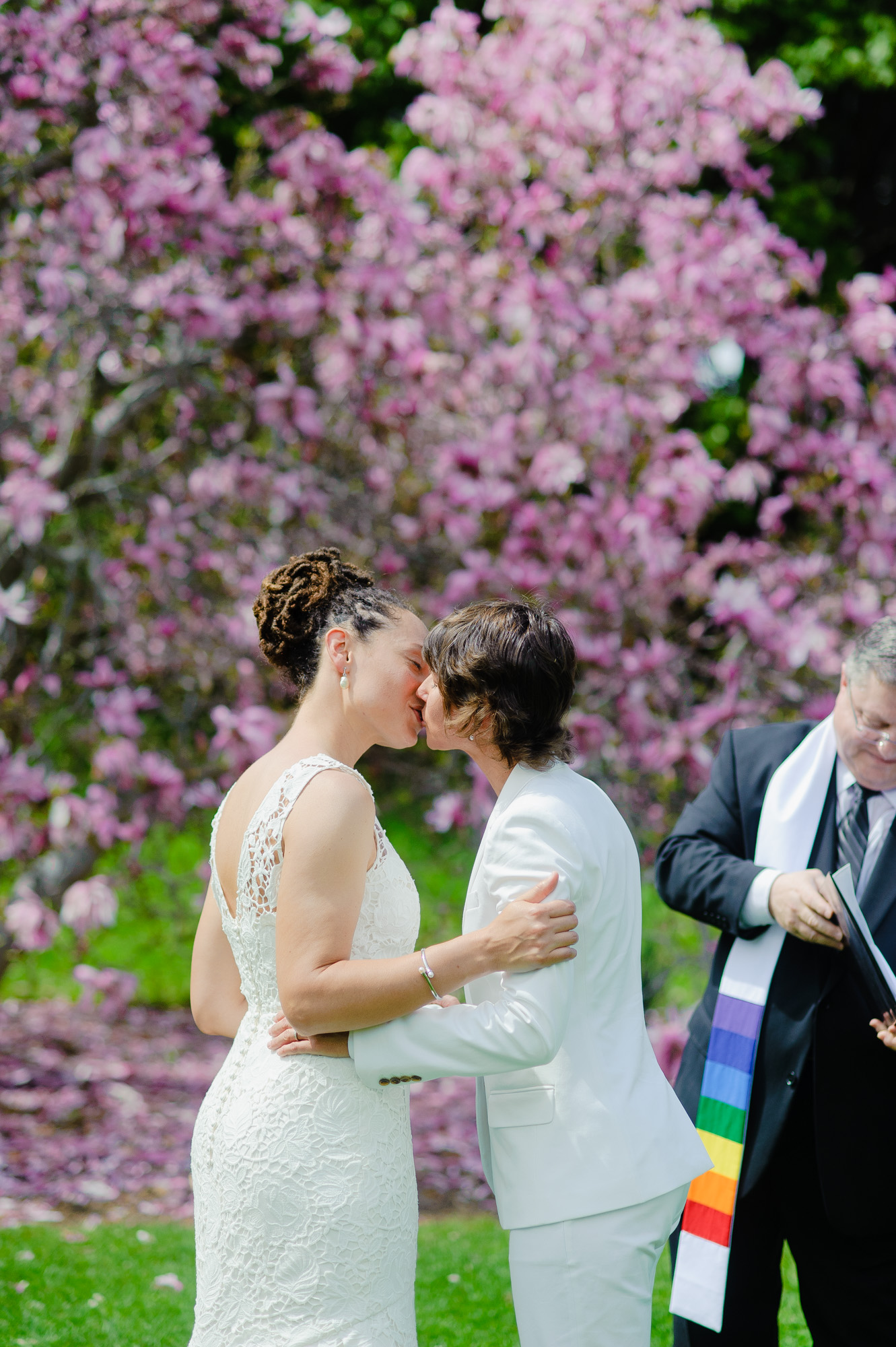 LGBTQ Lesbian Boston Wedding Ceremony Kiss Arnold Arboretum Cherry Blossom