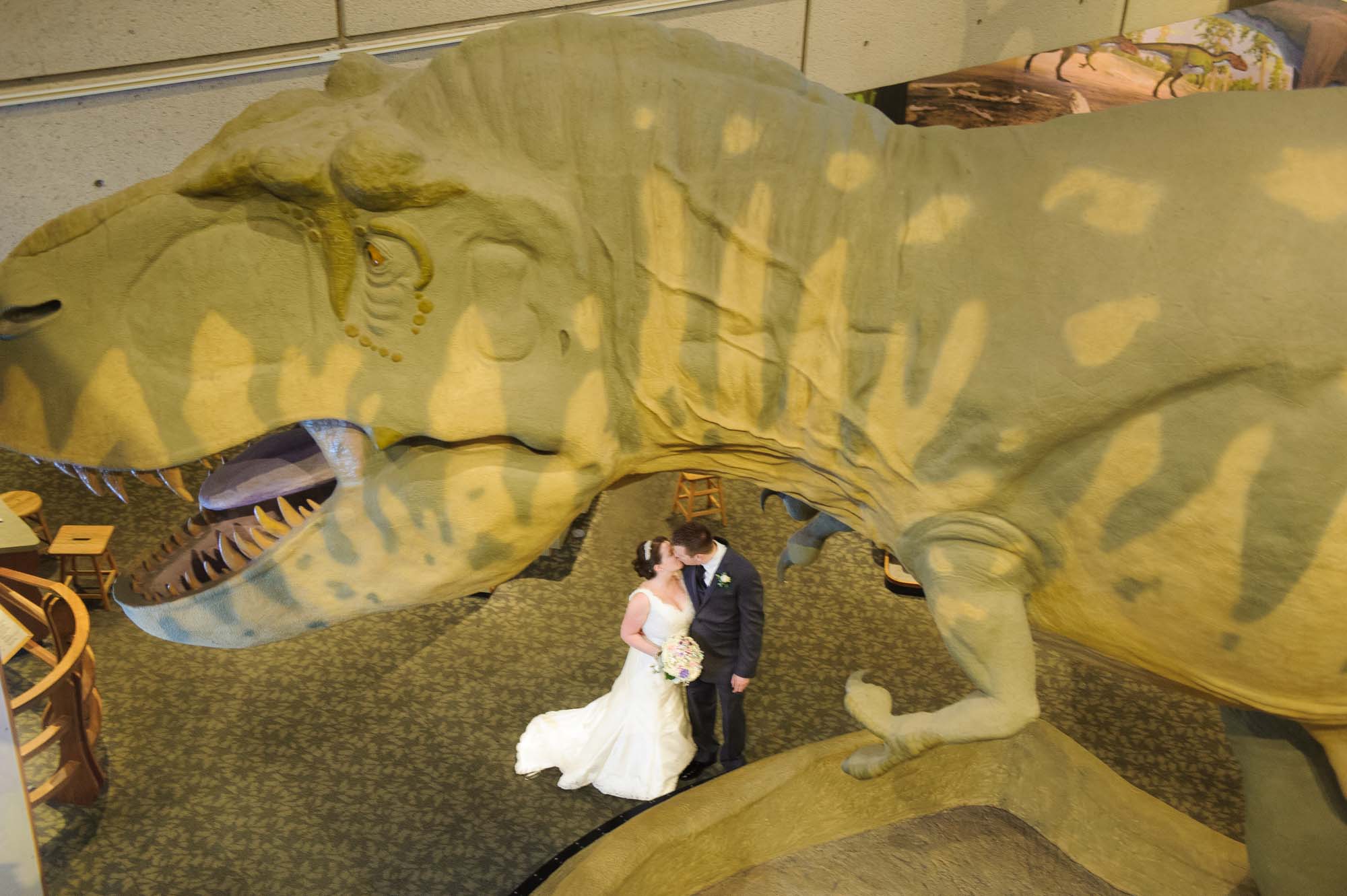 Museum Of Science Boston Wedding Bride Groom Portrait Dinosaur
