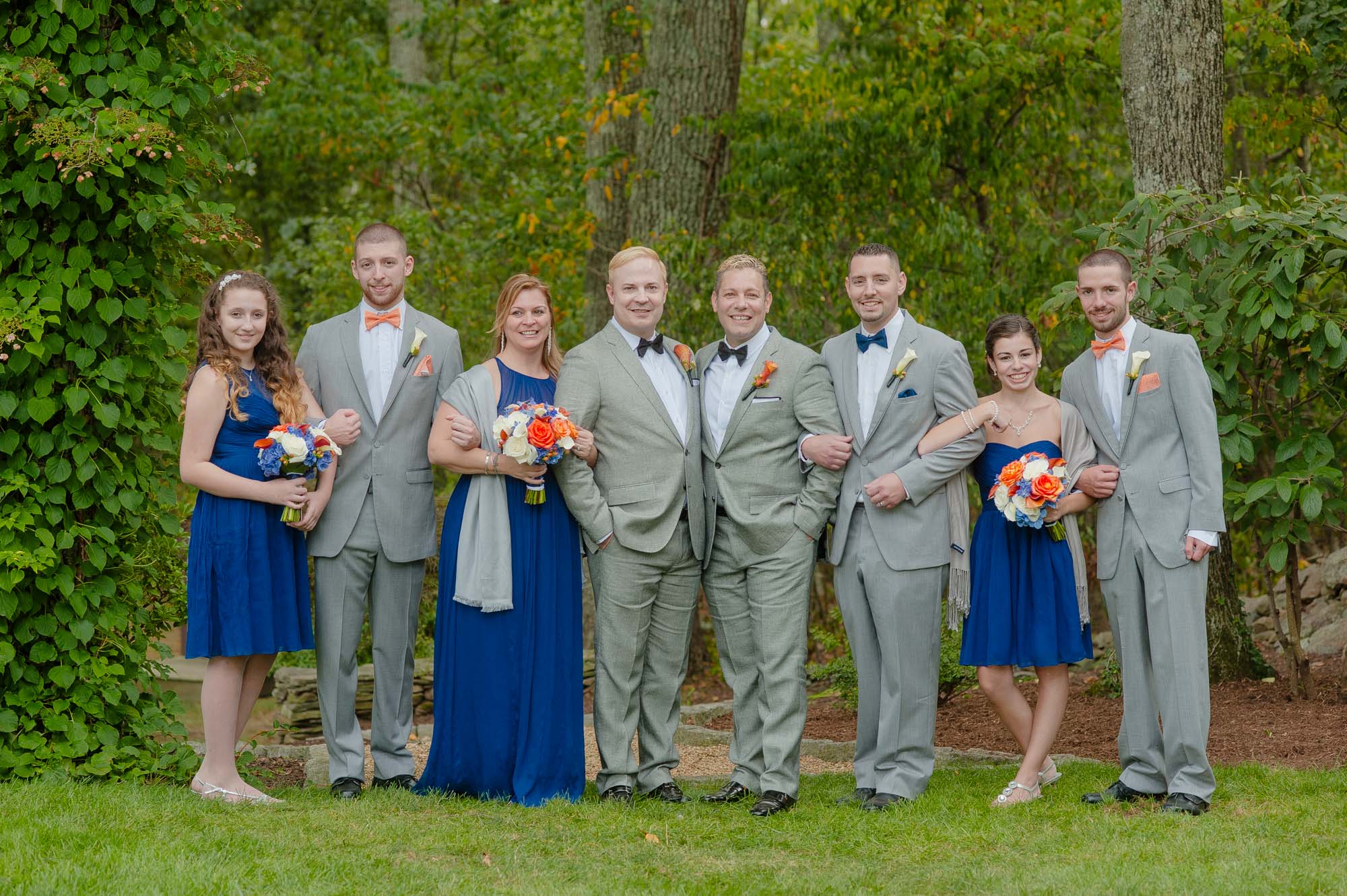 Queer Wedding Party MA Gray Suits And Blue Briadsmaids Dresses