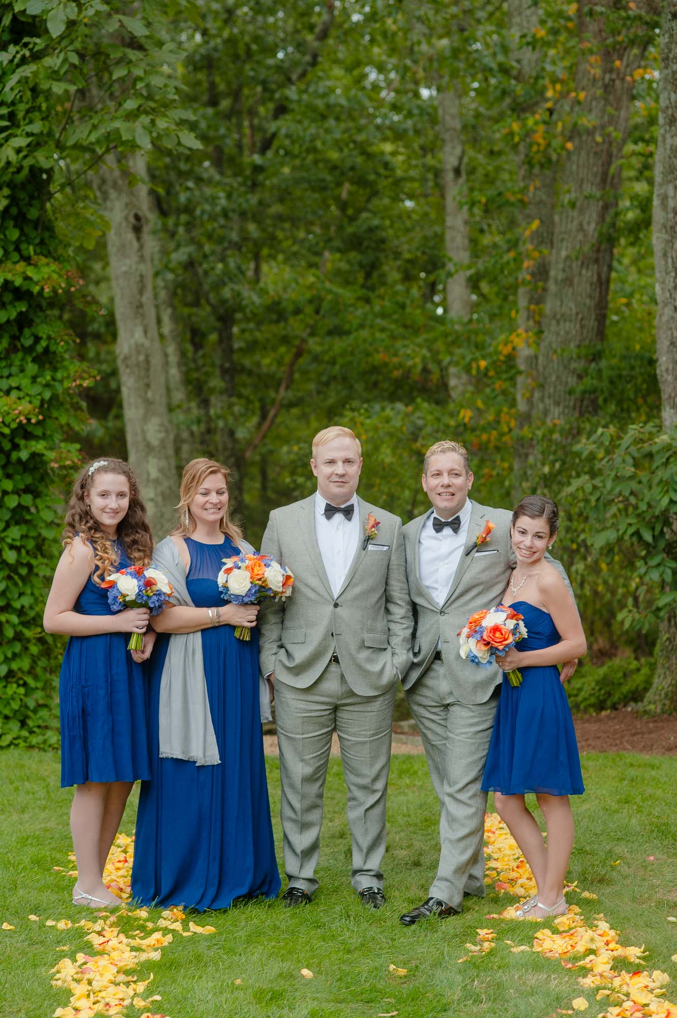 Queer Wedding Party MA Gray Suits And Blue Briadsmaids Dresses