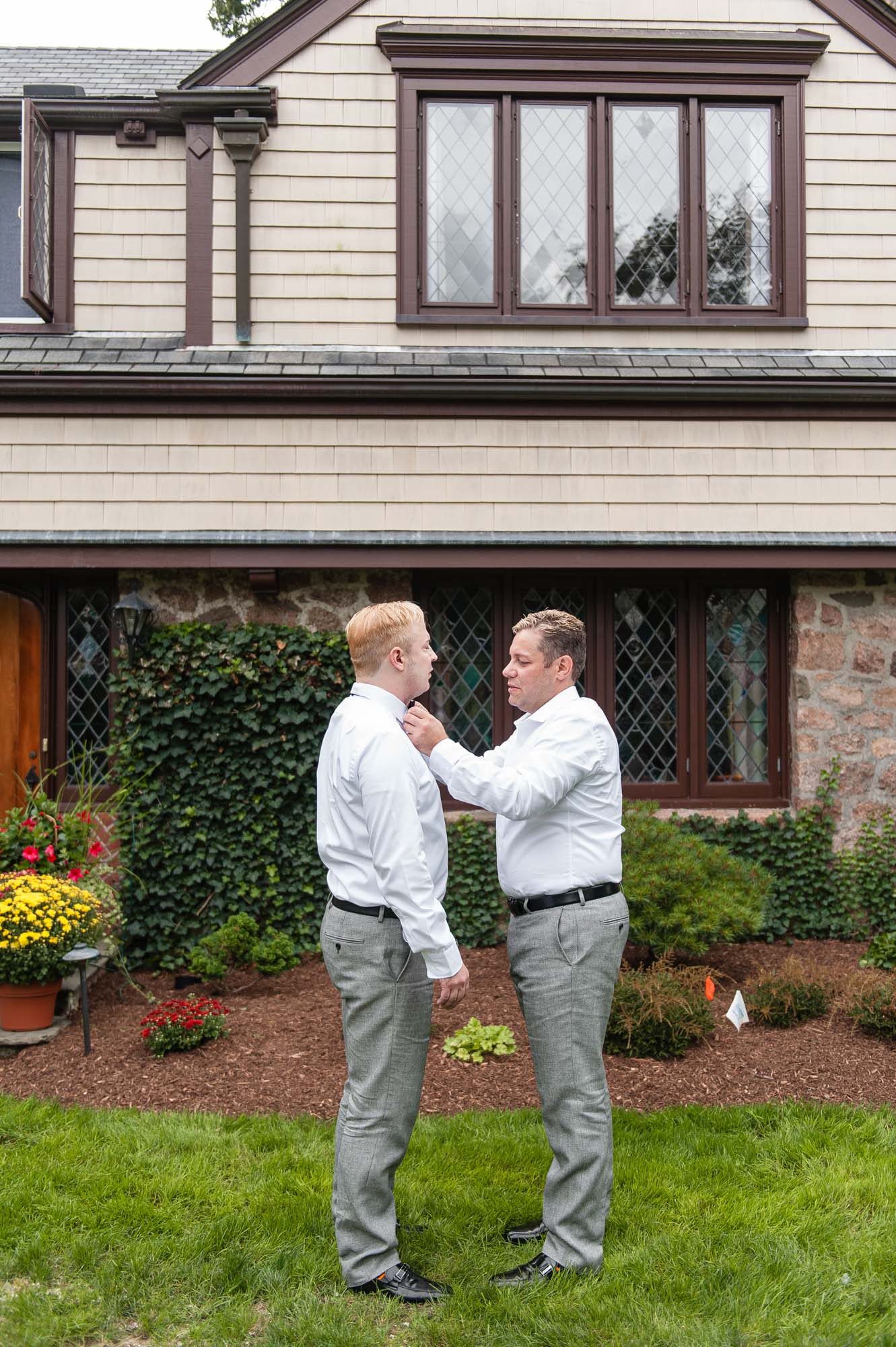 Grooms Getting Ready Backyard Gay Wedding MA